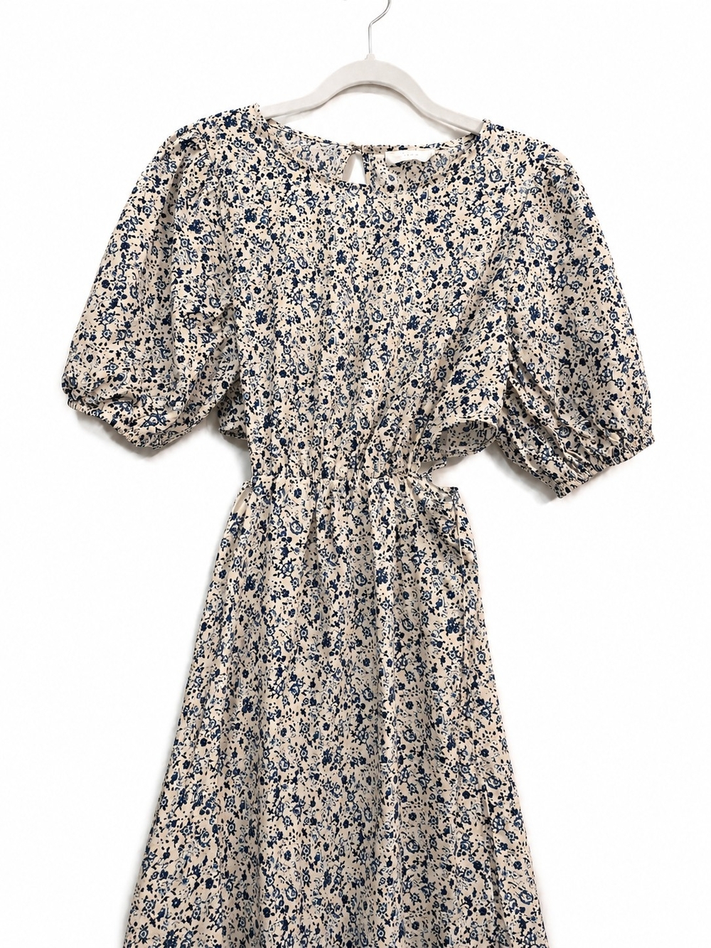 LUSH Blue Floral Backless Maxi Dress Puff Sleeve 100% Cotton